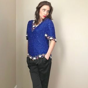 Vintage Beaded Sequin Silk Blouse Top-Party Outfit